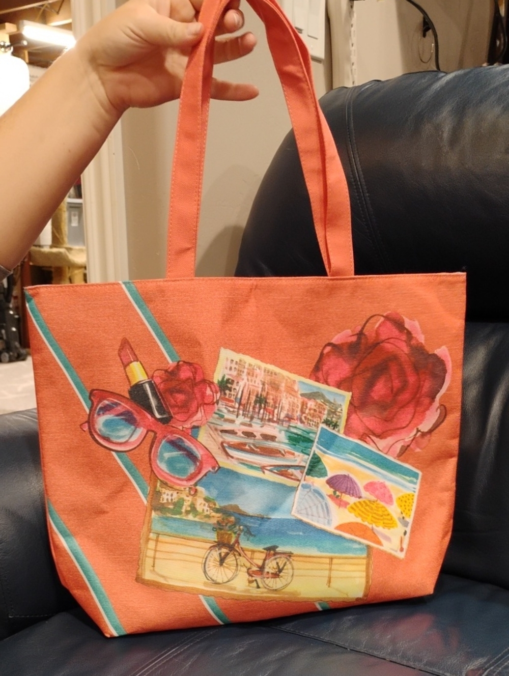 Lancome Coral Canvas Tote with Beach Collage and Rose Accents